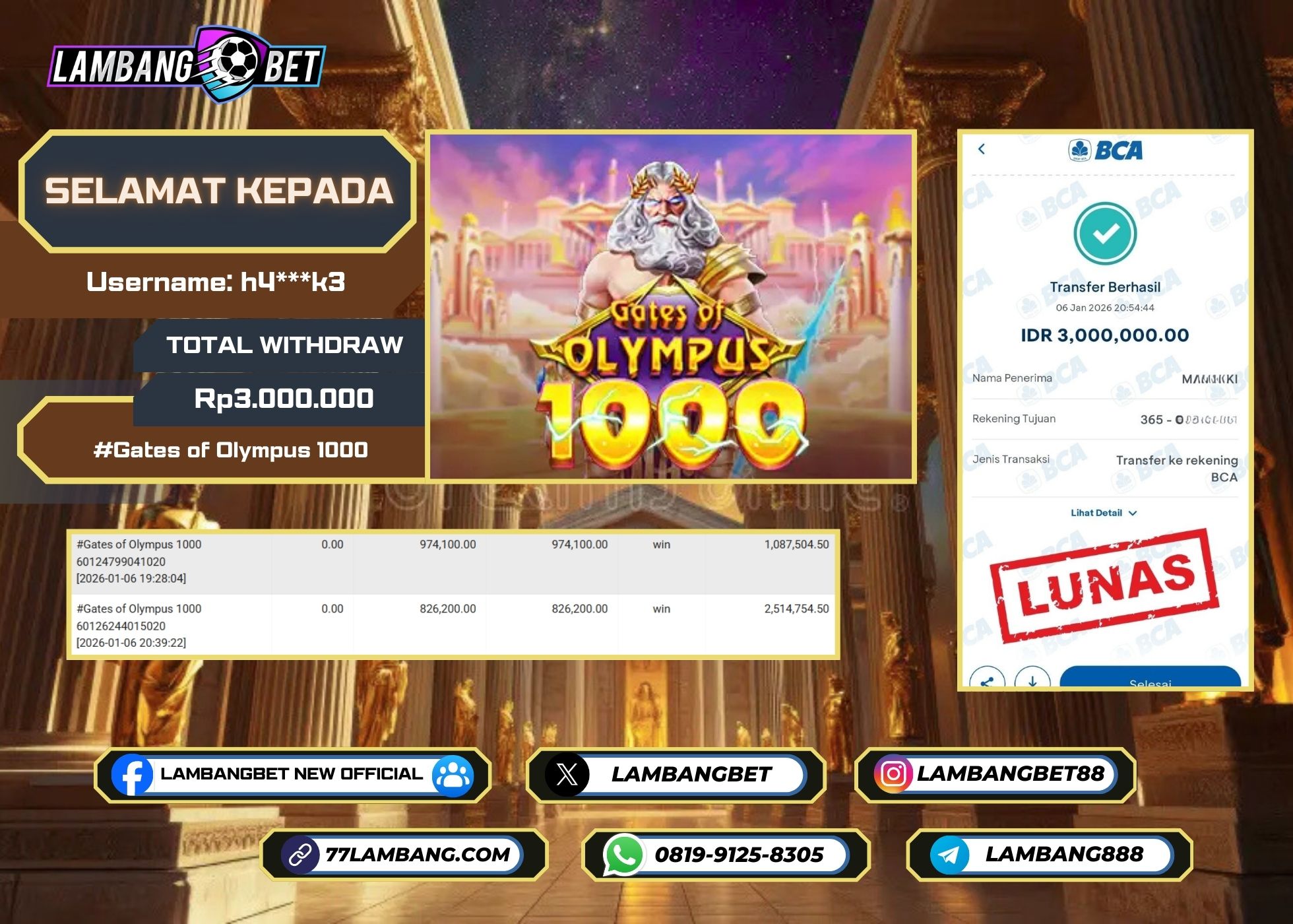 LAMBANGBET [6 JANUARI 2025] JACKPOT SLOT Gates of Olympus 1000 "Rp3.000.000" LUNAS